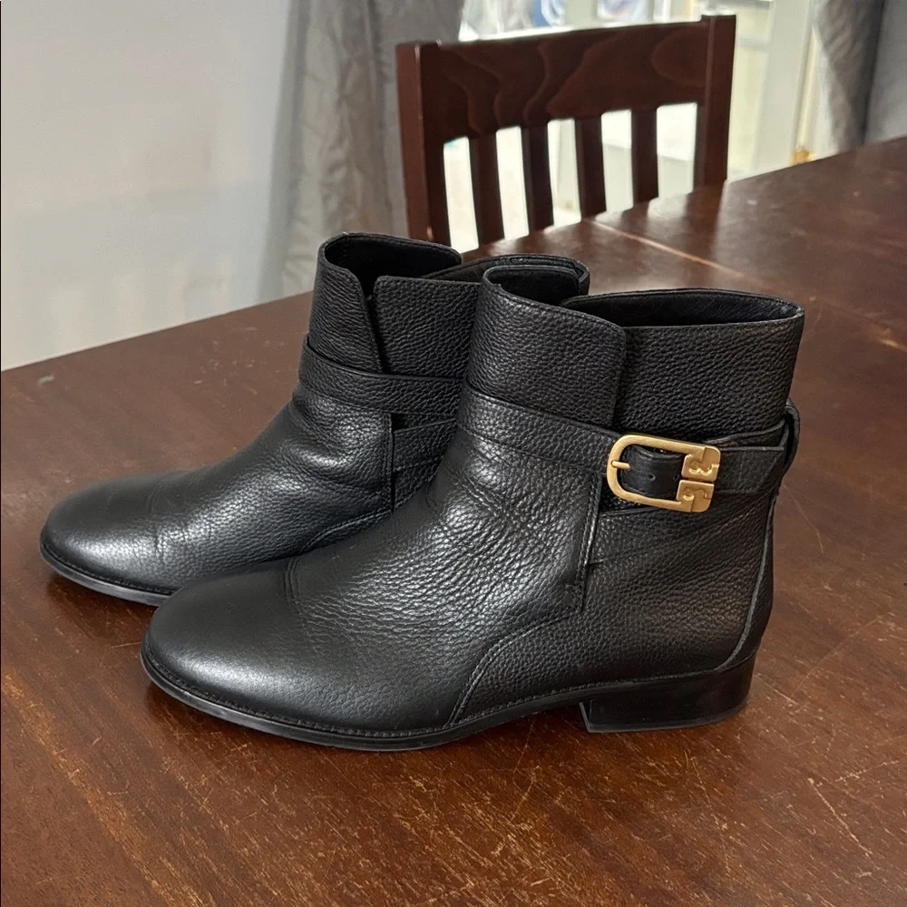 Tory‎ Burch Brooke Ankle Boots with Gold Buckle - Tumbled Black